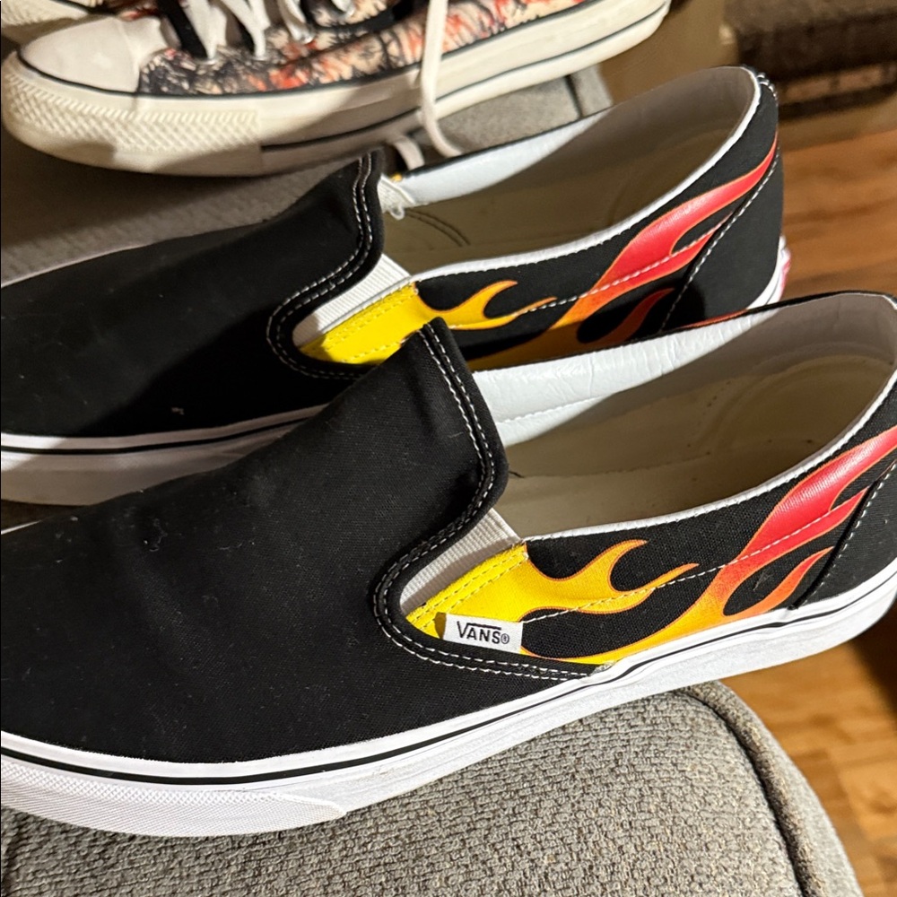 Vans Black and Red Flame Slip-On Shoes